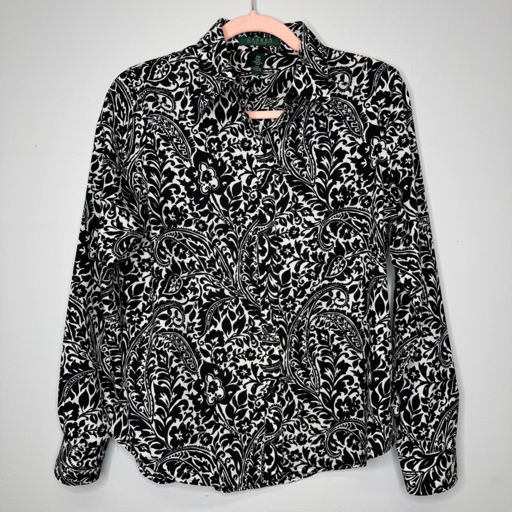 Lauren Ralph Lauren Petite PM Black White Floral Button Down Blouse Shirt Medium